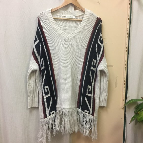 RD Style White Patterned Fringed Knit V Neck Oversize Sweater Size Small - Picture 1 of 8